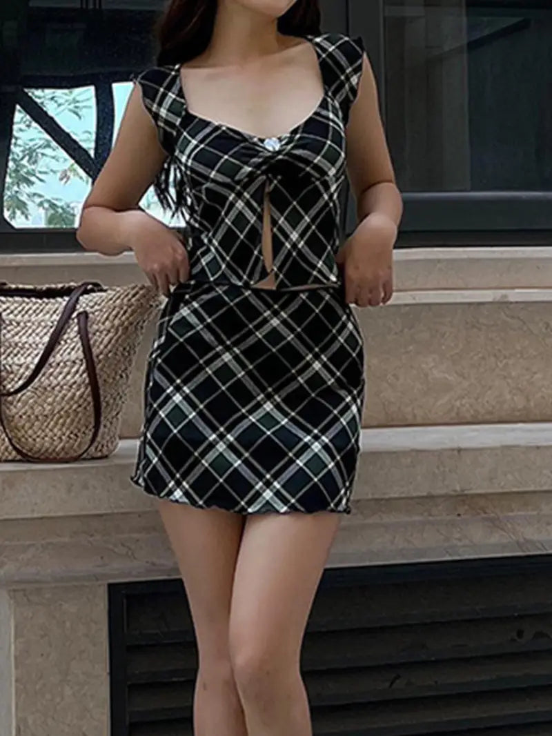 Women 2pcs Outfits Vintage Plaid Split Tank Tops and Mini Skirt Summer Streetwear Aesthetic Clothes