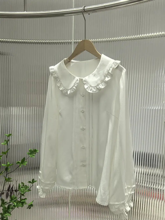 Elegant White Doll Collar Blouse for Women - Sweet Japanese Lolita Style Style, Ruffled Long Sleeves, Button-Up Front, Lightweight Polyester, Spring/Summer/Fall Wear