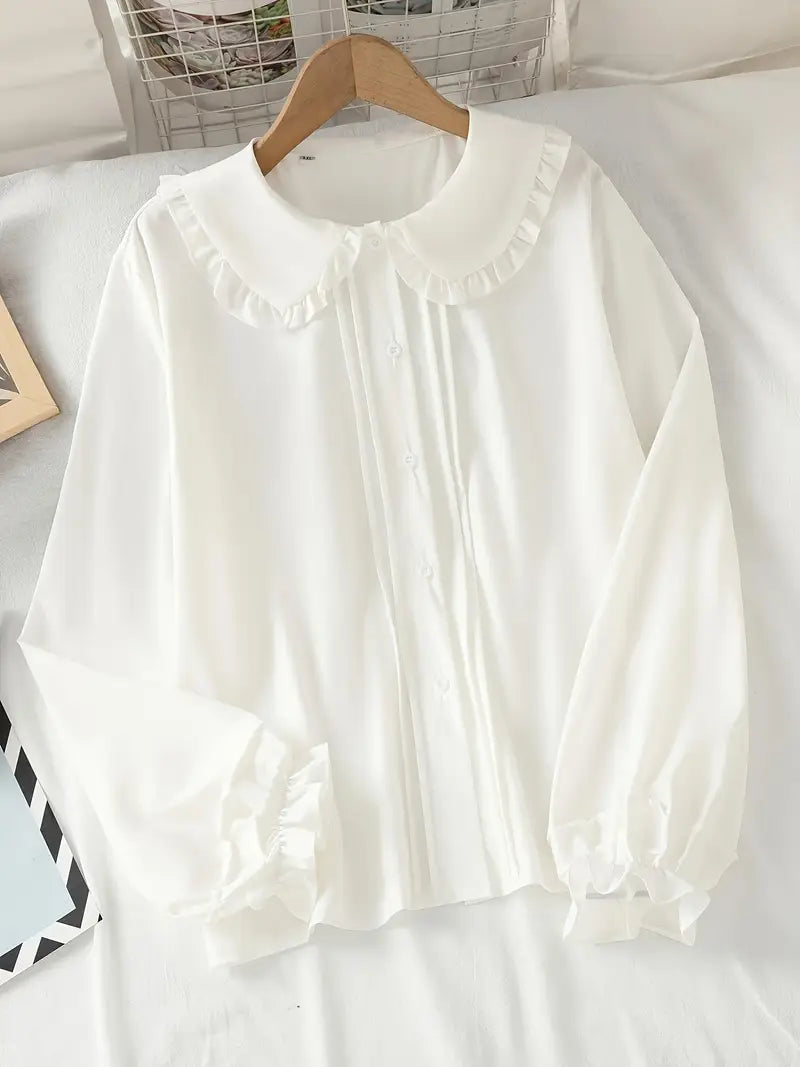 Elegant White Doll Collar Blouse for Women - Sweet Japanese Lolita Style Style, Ruffled Long Sleeves, Button-Up Front, Lightweight Polyester, Spring/Summer/Fall Wear