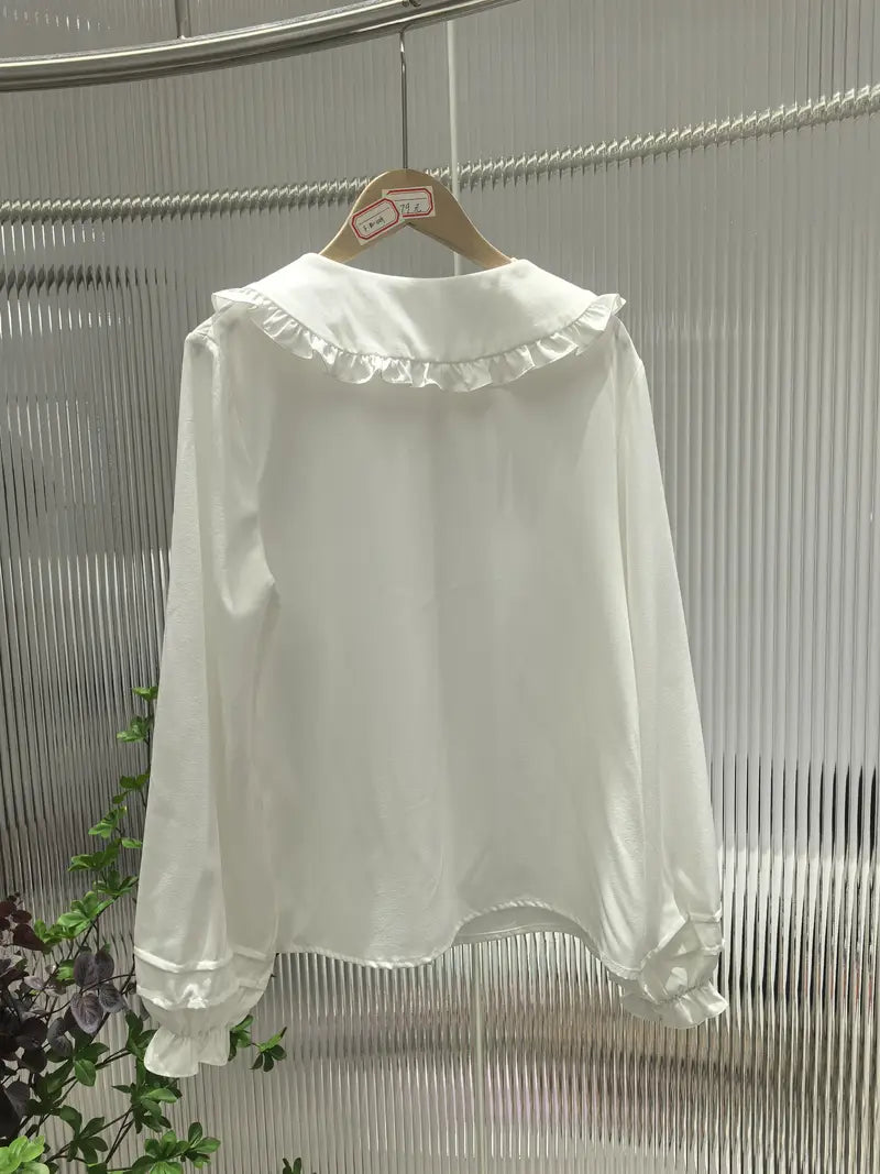 Elegant White Doll Collar Blouse for Women - Sweet Japanese Lolita Style Style, Ruffled Long Sleeves, Button-Up Front, Lightweight Polyester, Spring/Summer/Fall Wear