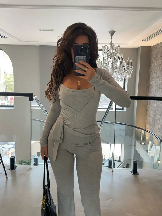Women 2pcs Outfits Casual Solid Color Tie up Hem Wrap Long Sleeves Tops and Elastic Flare Pants Set Streetwear