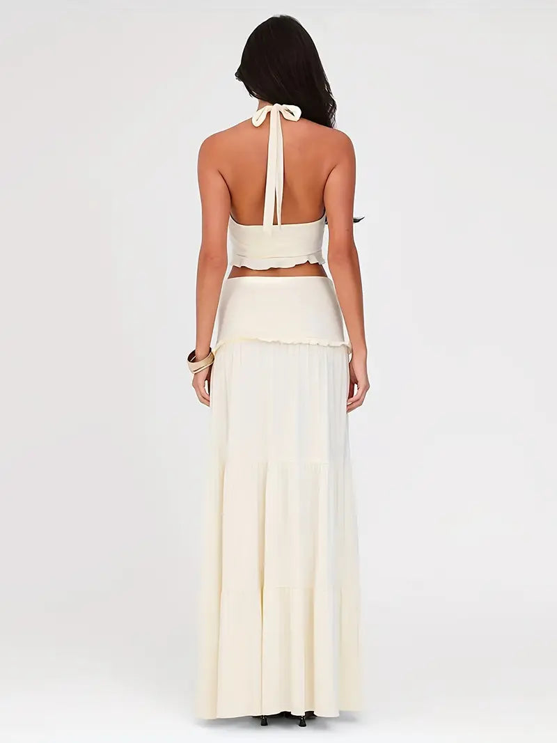 Sexy Pleated 2pcs Suit Women Halter Lace Up Crop Tank A-line Ruffle Long Skirt Female Set Spring Summer Chic Lady Sets