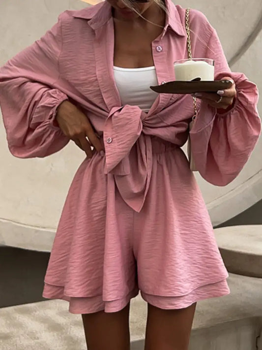 Women'S Chic Office to Party Outfit - Elegant Puff Sleeve Blouse & Wide Leg Shorts Suit, Tie-waist Accent, All-Season Formal & Casual Attire, Women'S Professional Casual Attire