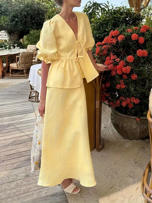 2025 Summer New Arrival Yellow Pleated Midi Skirt Set - Elegant V-Neck Blouse with Ruffled Hem, Long Sleeves, Non-Stretch Fabric