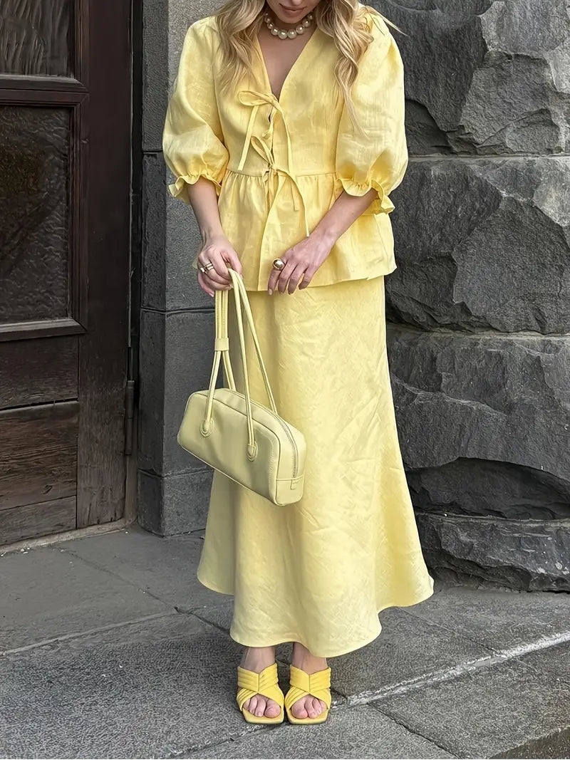2025 Summer New Arrival Yellow Pleated Midi Skirt Set - Elegant V-Neck Blouse with Ruffled Hem, Long Sleeves, Non-Stretch Fabric
