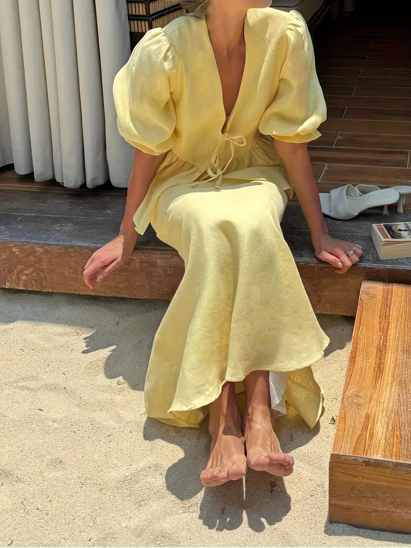 2025 Summer New Arrival Yellow Pleated Midi Skirt Set - Elegant V-Neck Blouse with Ruffled Hem, Long Sleeves, Non-Stretch Fabric