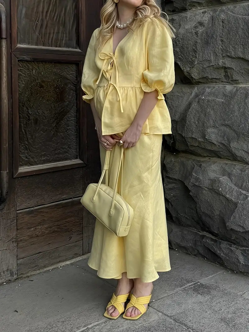 2025 Summer New Arrival Yellow Pleated Midi Skirt Set - Elegant V-Neck Blouse with Ruffled Hem, Long Sleeves, Non-Stretch Fabric