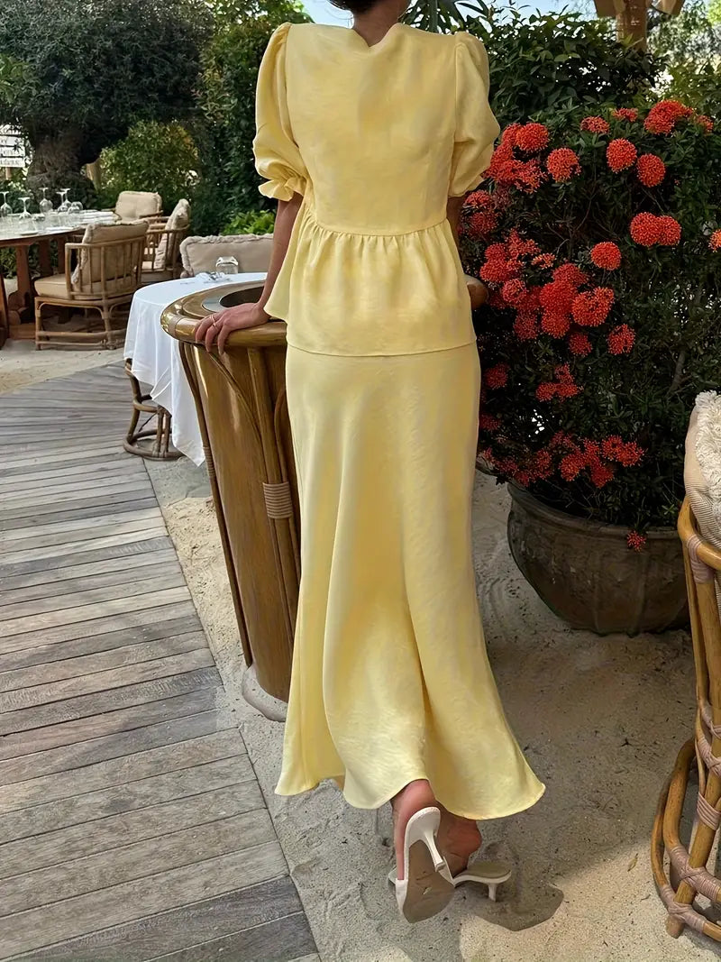 2025 Summer New Arrival Yellow Pleated Midi Skirt Set - Elegant V-Neck Blouse with Ruffled Hem, Long Sleeves, Non-Stretch Fabric