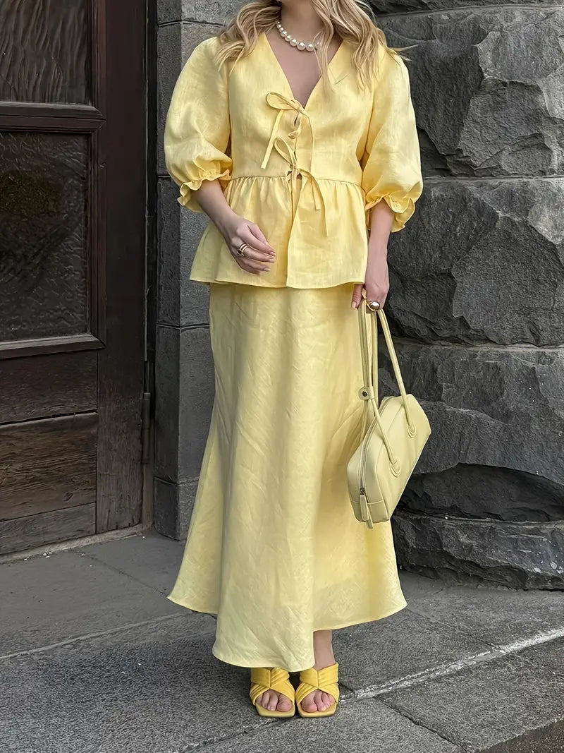 2025 Summer New Arrival Yellow Pleated Midi Skirt Set - Elegant V-Neck Blouse with Ruffled Hem, Long Sleeves, Non-Stretch Fabric