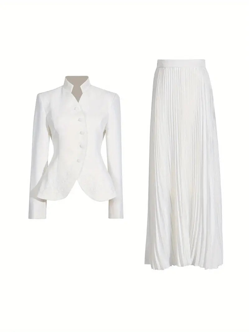 Couture Trapunto Embroidered Blazer Precision Knife Pleated Skirt Set 3D Raised Embroidery Tailored Cropped Blazer High Waist Skirt Sculptural Pleating