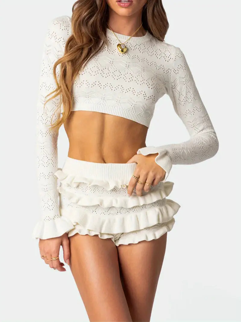 Women Fall Shorts Outfits Solid Color Crew Neck Long Sleeve Crop Tops Ruffles Shorts 2pcs Clothes Set