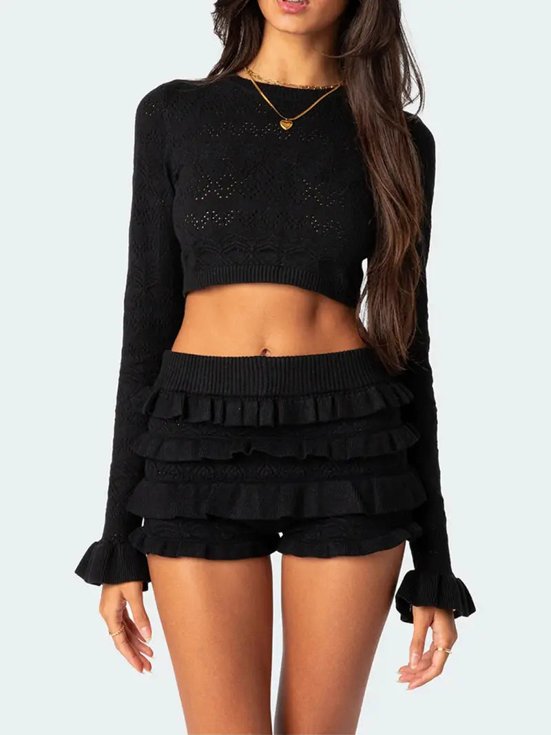 Women Fall Shorts Outfits Solid Color Crew Neck Long Sleeve Crop Tops Ruffles Shorts 2pcs Clothes Set