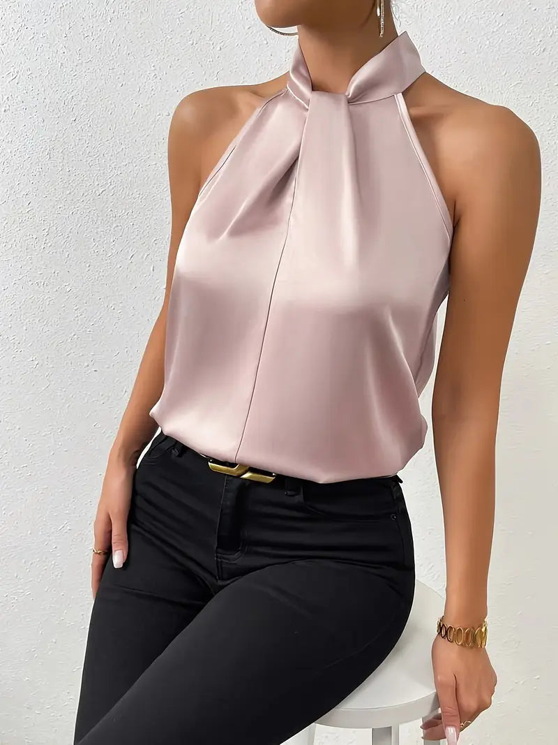 Women'S Sexy High Neck Blouse - Lightweight 100% Polyester Machine-Washable Solid Color Top for Spring Summer Fall, Elegant Office & Casual Wear