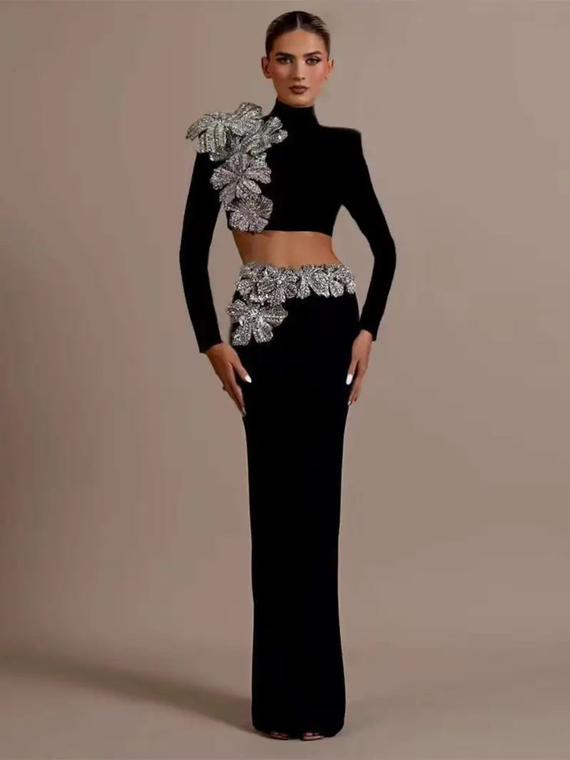 New Party Dress Autumn/ Winter High Waist Heavy Industry Women's Fashion Bandage Dress Set Long Skirt Two Piece Set