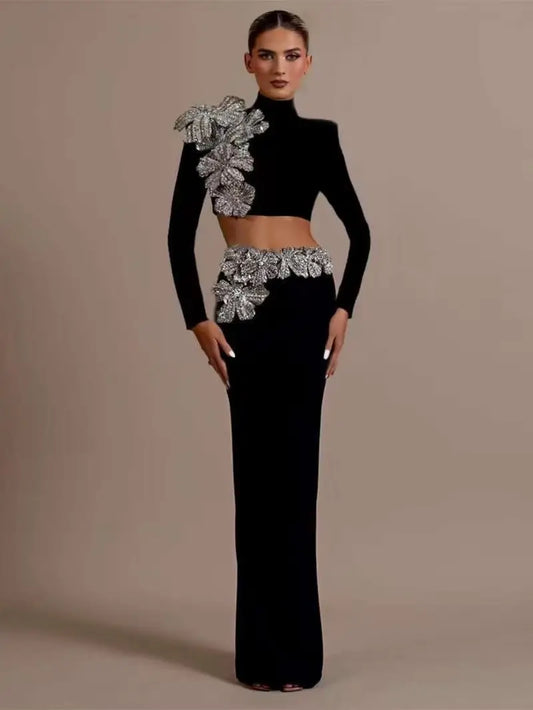 New Party Dress Autumn/ Winter High Waist Heavy Industry Women's Fashion Bandage Dress Set Long Skirt Two Piece Set