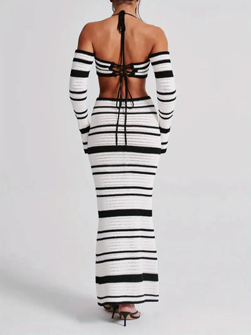 Women'S 2pcs Skirt Outfits Halter Neck Striped Tops Long Skinny Skirt Set