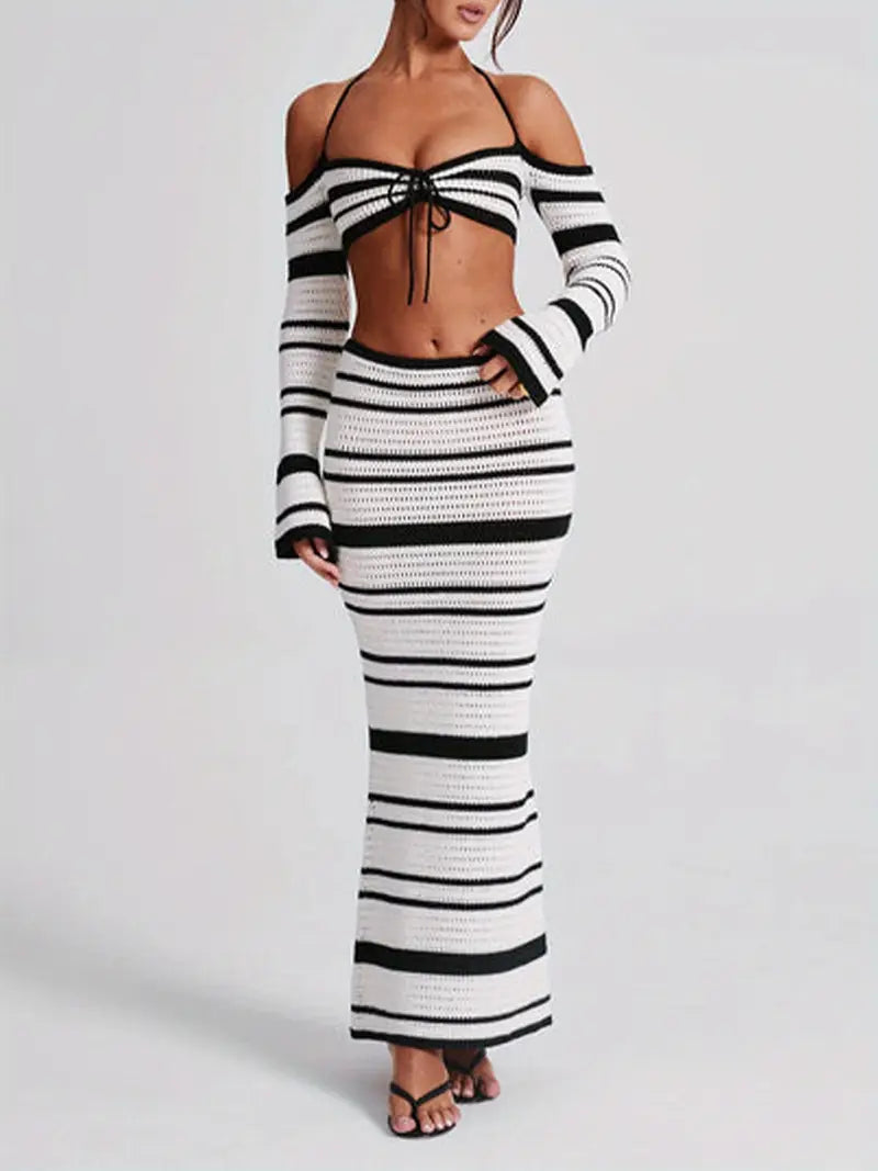 Women'S 2pcs Skirt Outfits Halter Neck Striped Tops Long Skinny Skirt Set