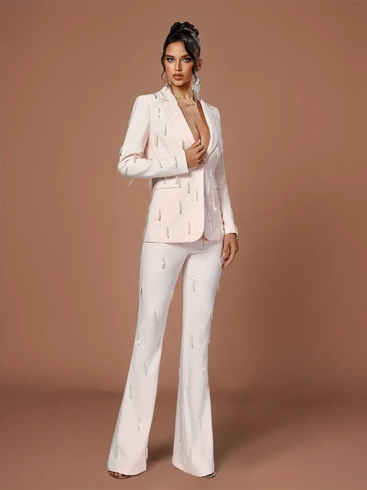Elegant Beaded Blazer & Pants Set - Chic White Double-Breasted Suit with Lapel Collar, Long Sleeves, and Side Pockets for Women, Perfect for Casual or Formal Occasions, Casual Attire|Sophisticated Style|Beaded Detailing
