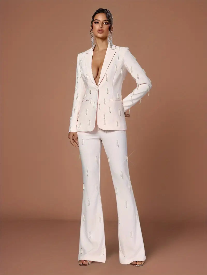 Elegant Beaded Blazer & Pants Set - Chic White Double-Breasted Suit with Lapel Collar, Long Sleeves, and Side Pockets for Women, Perfect for Casual or Formal Occasions, Casual Attire|Sophisticated Style|Beaded Detailing