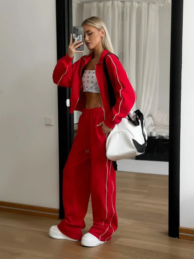 Women'S Casual All-Season Two-Piece Set: Solid Green Zipper Cardigan Jacket & Tether Trousers with Drawstring Waist - y Elegant Outfit, Women' Two Piece Set