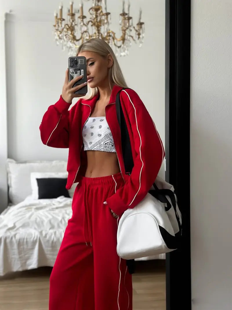 Women'S Casual All-Season Two-Piece Set: Solid Green Zipper Cardigan Jacket & Tether Trousers with Drawstring Waist - y Elegant Outfit, Women' Two Piece Set