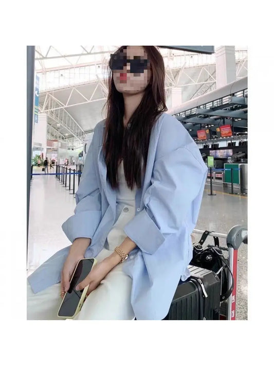 Women's Elegant Korean Style Light Blue Striped Long Sleeve Shirt - Structured Loose Fit All-Season Top with Collar, Wrinkle-Resistant & Machine Washable, Versatile Casual to Formal Blouse for Travel & Casual Attire