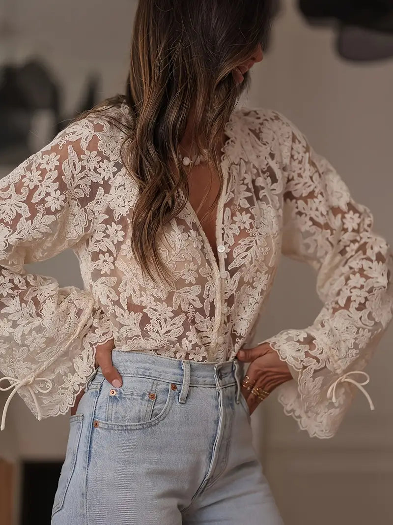French retro niche hollow flower lace elegant shirt for women, casual sexy temperament elegant slim fit top, Blouse Women Elegant, Stylish Blouse, Casual Wear, Retro Style