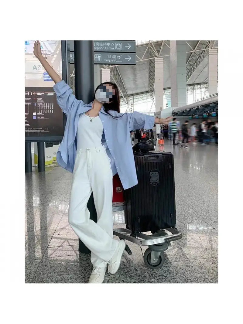 Women's Elegant Korean Style Light Blue Striped Long Sleeve Shirt - Structured Loose Fit All-Season Top with Collar, Wrinkle-Resistant & Machine Washable, Versatile Casual to Formal Blouse for Travel & Casual Attire