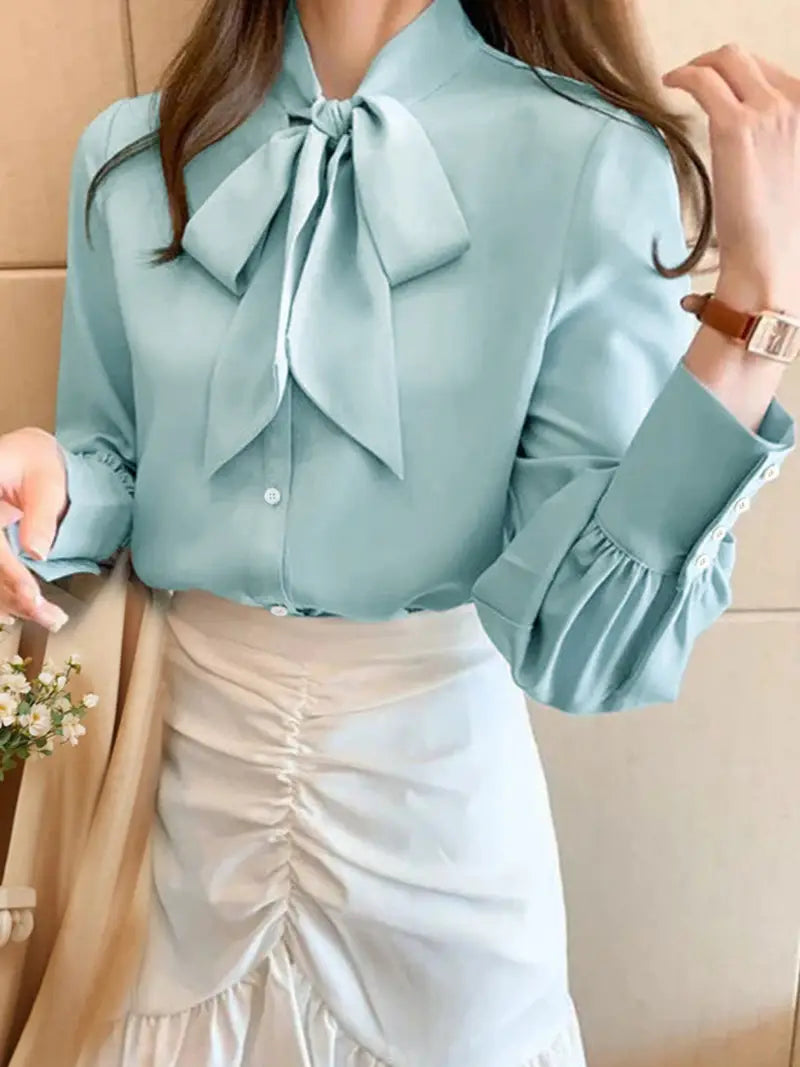Women'S Elegant Blouse - Office to Party Long Sleeve Shirt with Adjustable Waist Tie, Formal & Casual Chic Work Attire - All-Season Women'S Professional Blouse