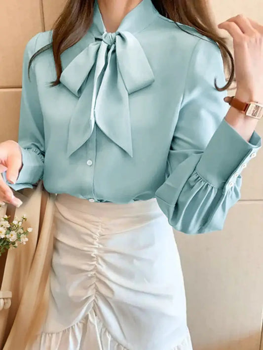 Women'S Elegant Blouse - Office to Party Long Sleeve Shirt with Adjustable Waist Tie, Formal & Casual Chic Work Attire - All-Season Women'S Professional Blouse